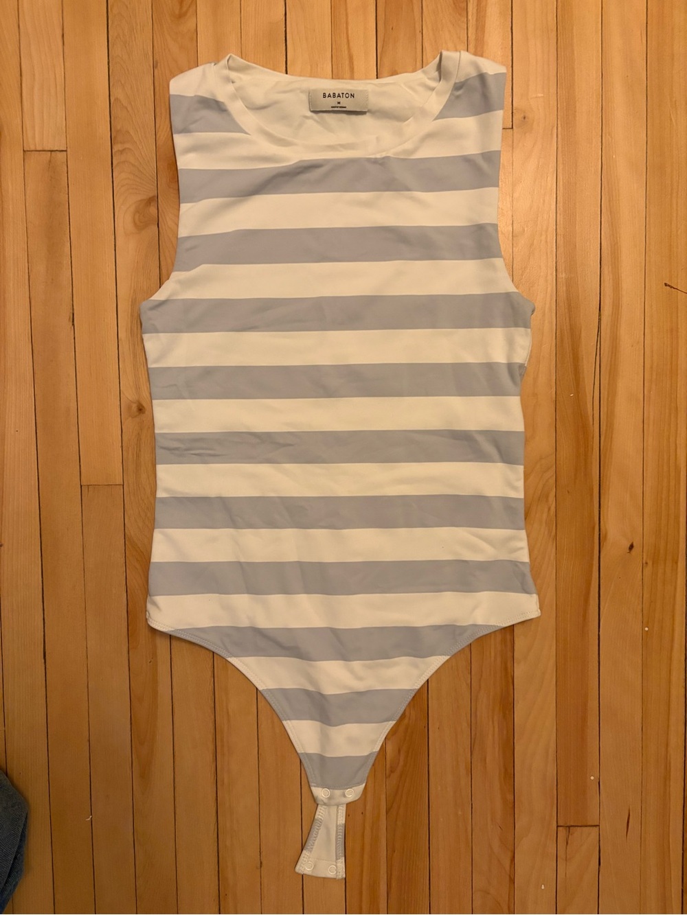 Babaton White and Light Blue Striped Sleeveless Bodysuit